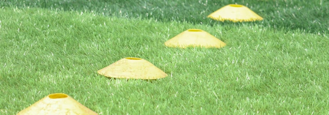 Conos de entrenamiento amarillos alineados sobre el césped.