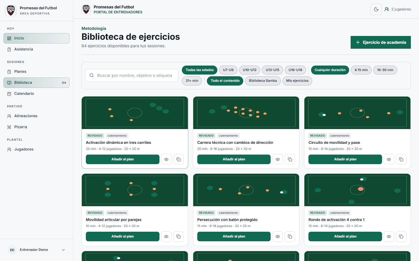 Biblioteca de ejercicios del portal de entrenadores de Samba Sports: 64 ejercicios con diagrama, filtrables por edad y duración, listos para añadir a un plan.