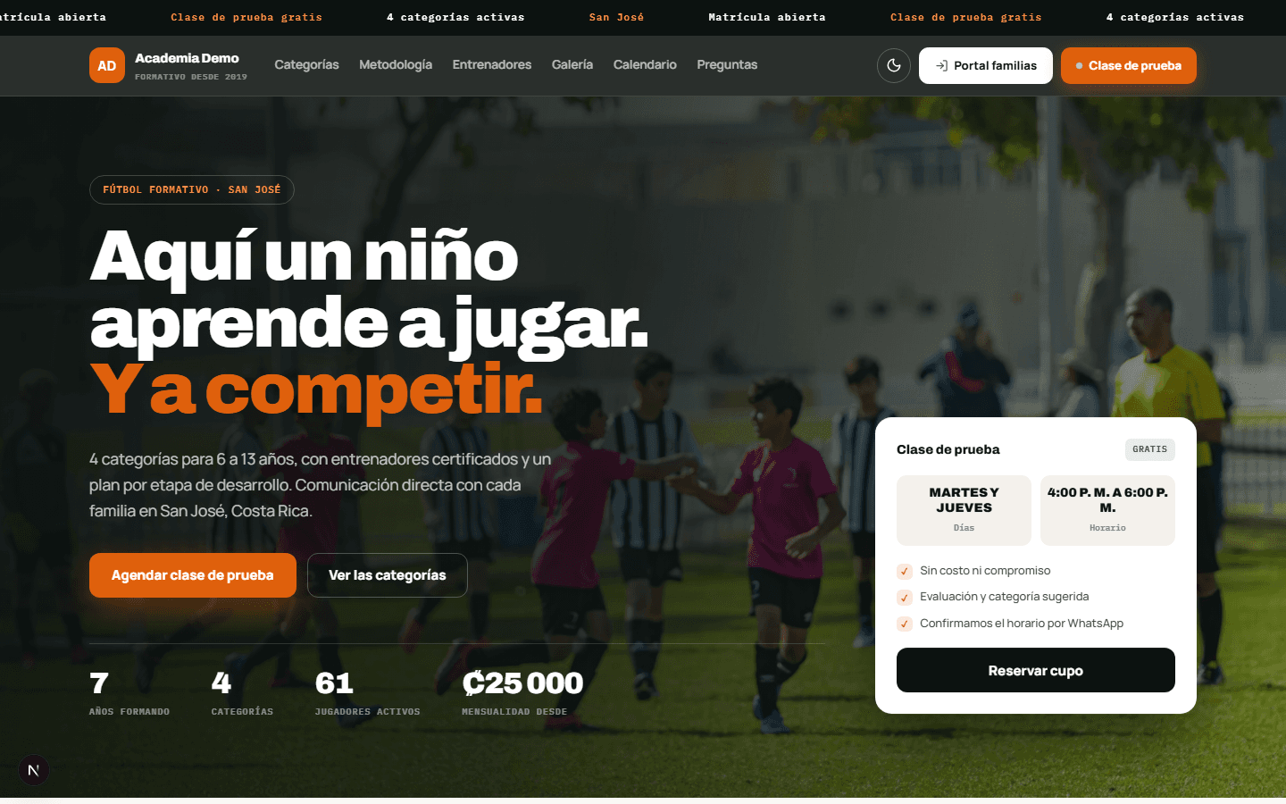 Página pública de una academia en Samba Sports, con su propia identidad, categorías y reserva de clase de prueba.